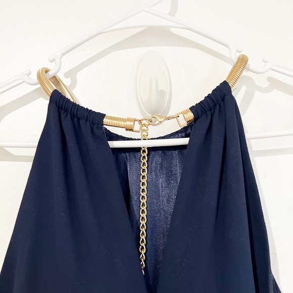 Eliza J Chiffon Layered Gold Chain High Neck Navy Maxi Gown Size 10 - Picture 9 of 9